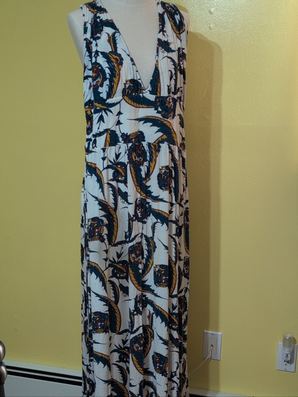 H&M White Maxi Dress with Navy and Gold Paisley Print